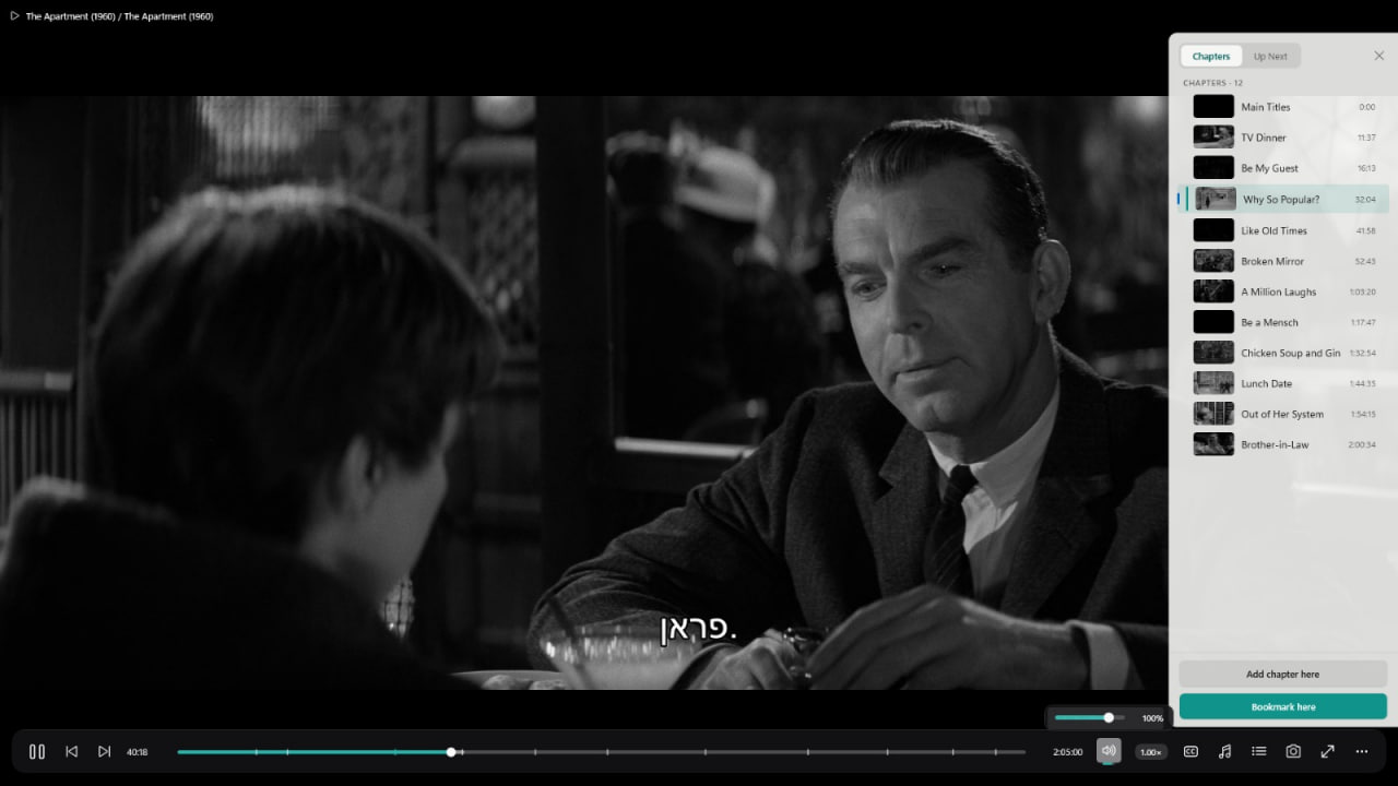 OK Player playing The Apartment (1960) with chapter thumbnails and subtitles