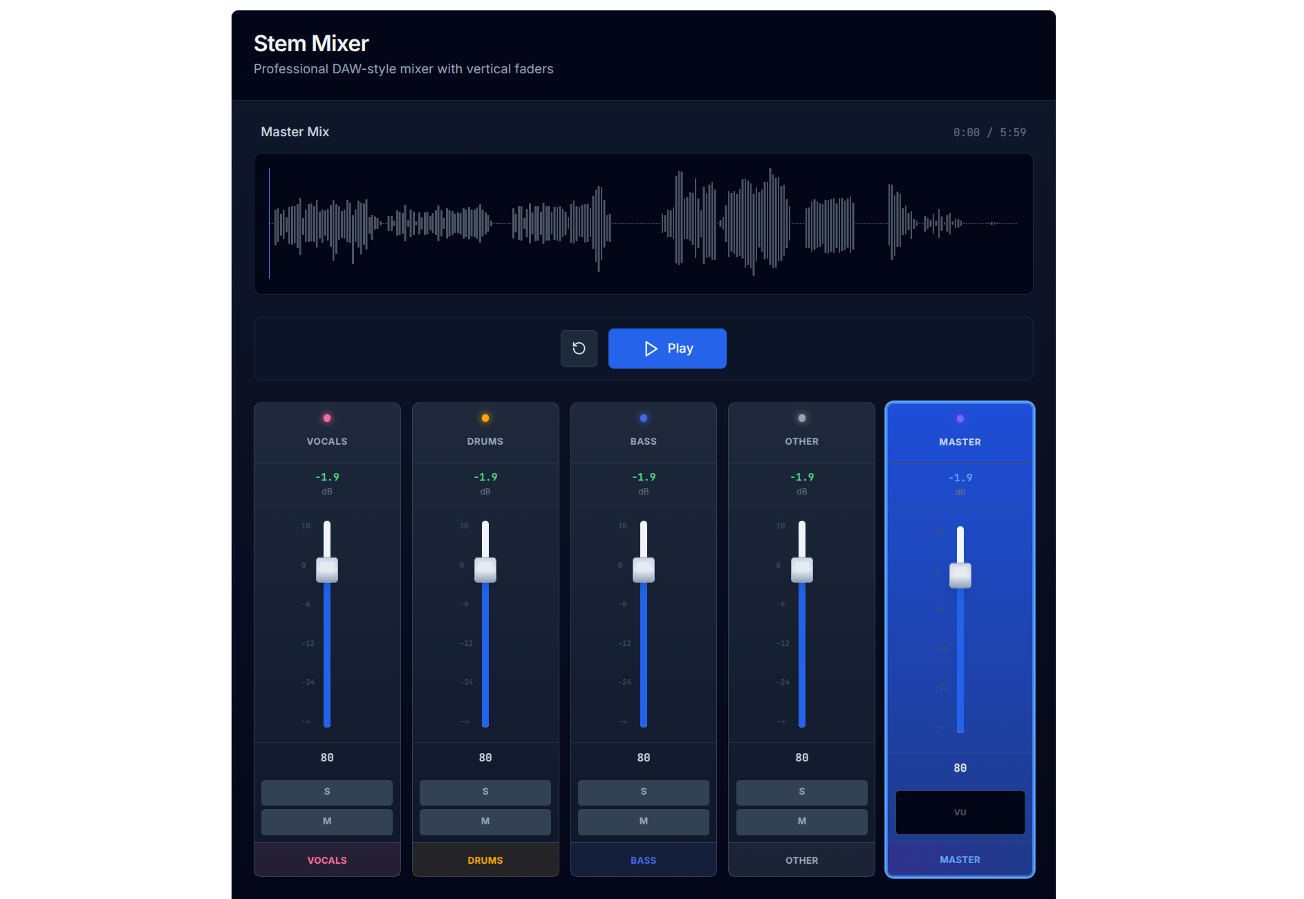 RehearseKit DAW-style stem mixer
